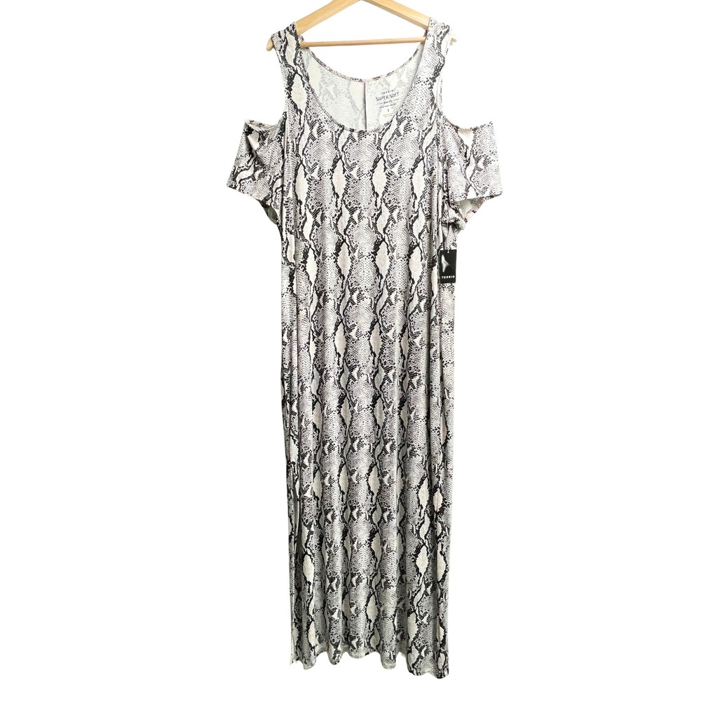 NWT Torrid 3 3X Grey Python Maxi Super‎ Soft Dress Cold Shoulder Side Slit Boho